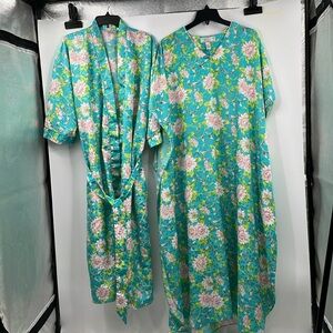 Vintage 90s Erika Taylor Intimates Teal Floral Jacquard 3pc Lounge Set Medium